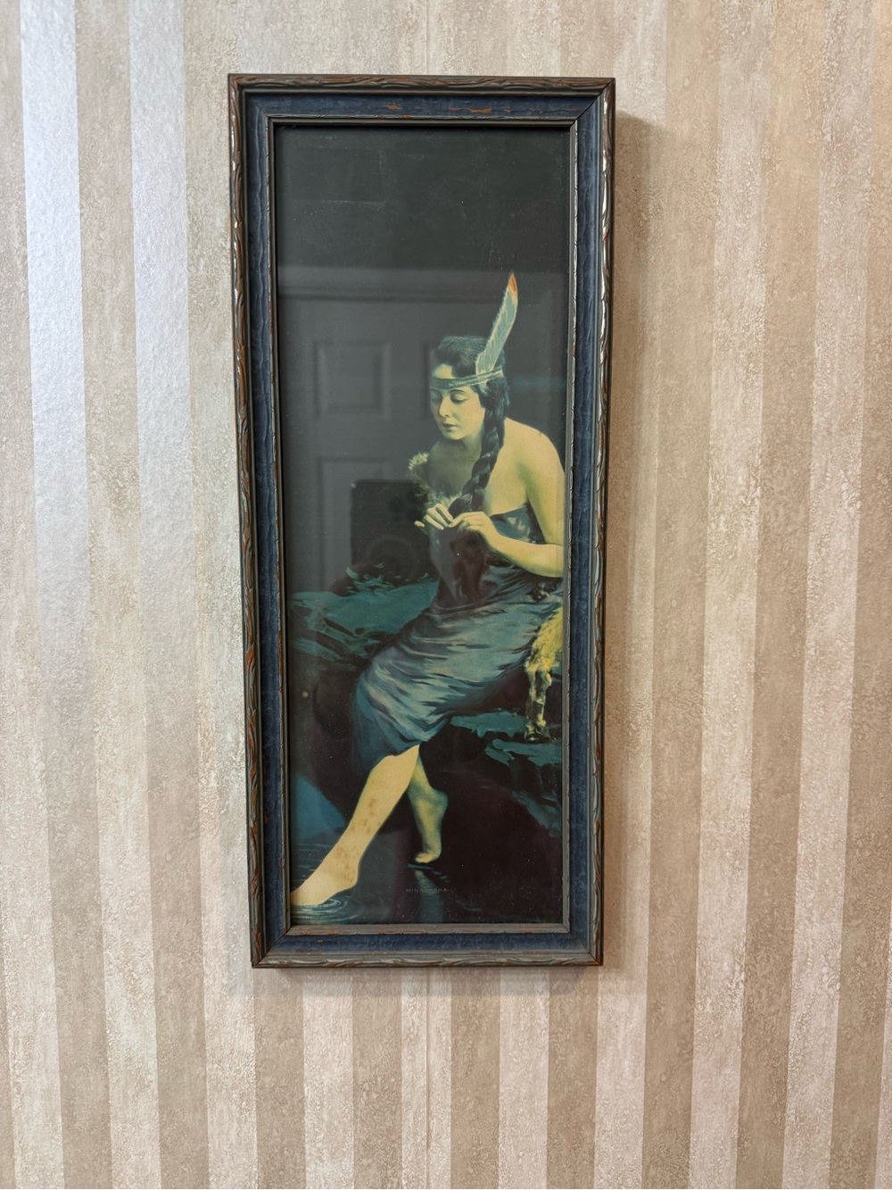Antique Art Deco Print Indian Maiden Princess Minnehaha Original Frame Blue
